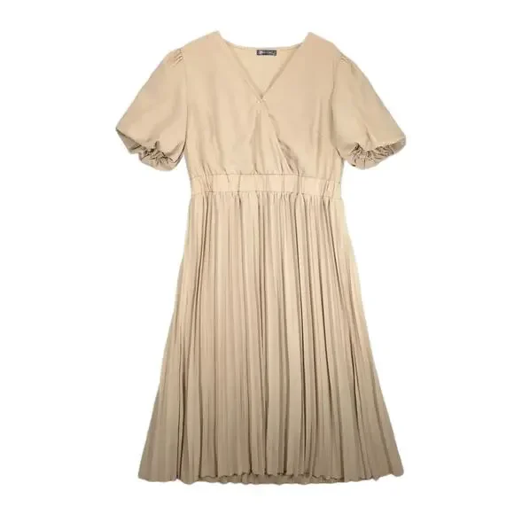 Pretty Garden Women's XL Beige Pleated Wrap Maxi Dress Short Puff Sleeves V-Neck - Picture 1 of 7